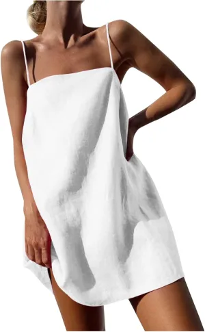 Womens Casual Summer Dresses Sexy Spaghetti Strap Slip Dress Cotton Linen Cover ups Beach Vacation Tunic Dress