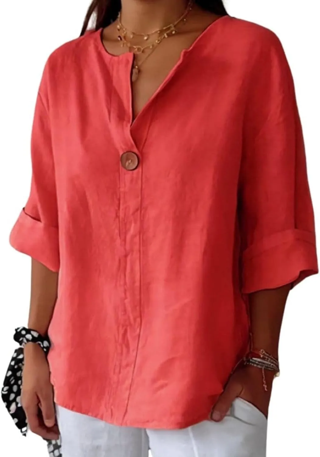 Womens Cotton Linen V Neck Button Down Shirt Roll Up 3/4 Sleeve Loose Fit Casual Work Blouse Tops