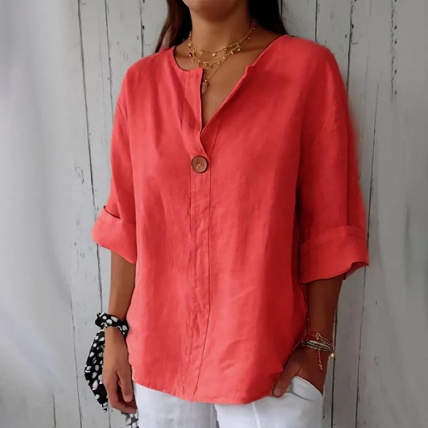 Womens Cotton Linen V Neck Button Down Shirt Roll Up 3/4 Sleeve Loose Fit Casual Work Blouse Tops