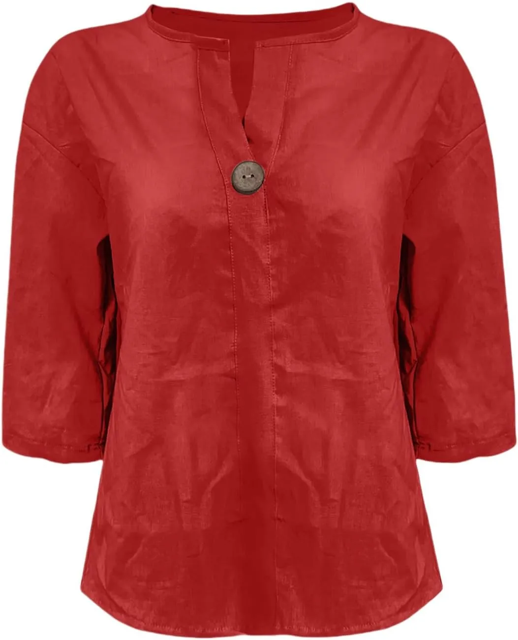 Womens Cotton Linen V Neck Button Down Shirt Roll Up 3/4 Sleeve Loose Fit Casual Work Blouse Tops