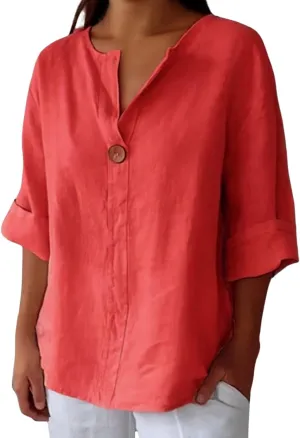 Womens Cotton Linen V Neck Button Down Shirt Roll Up 3/4 Sleeve Loose Fit Casual Work Blouse Tops