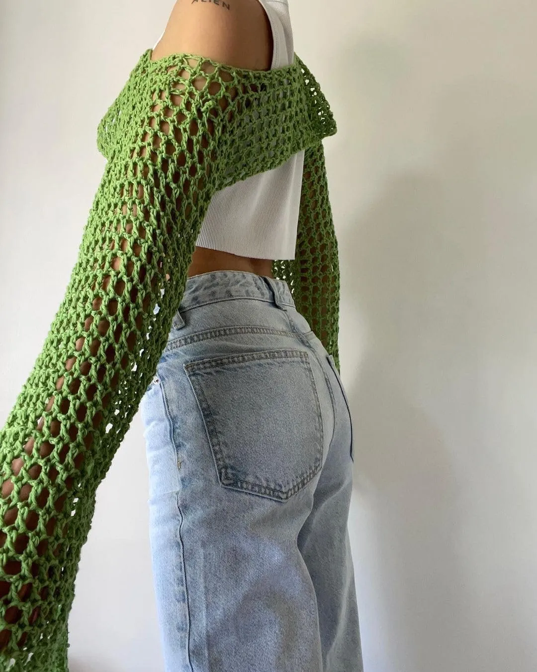 Womens Crochet Shrug Y2K Hollow Out Bolero Shrug See Through Cropped Knit Sweater Top