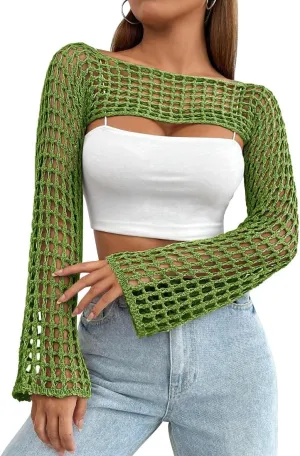 Womens Crochet Shrug Y2K Hollow Out Bolero Shrug See Through Cropped Knit Sweater Top