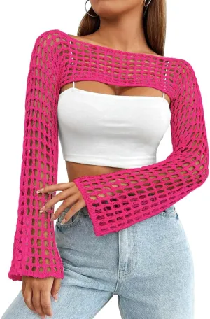 Womens Crochet Shrug Y2K Hollow Out Bolero Shrug See Through Cropped Knit Sweater Top