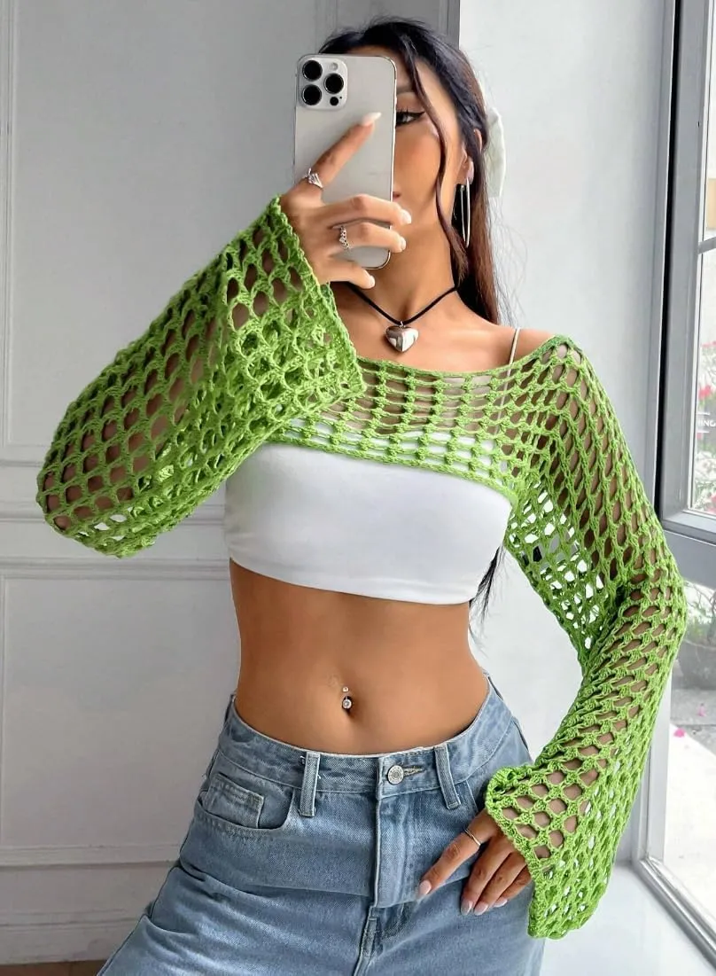 Womens Crochet Shrug Y2K Hollow Out Bolero Shrug See Through Cropped Knit Sweater Top