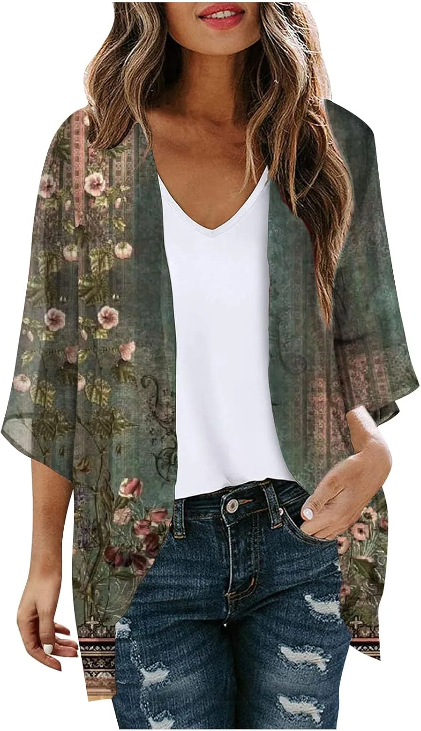 Womens Floral Print Puff Sleeve Kimono Cardigan Loose Coverups Resort Wear 2025 Trendy Beach Lightweight Cardigans