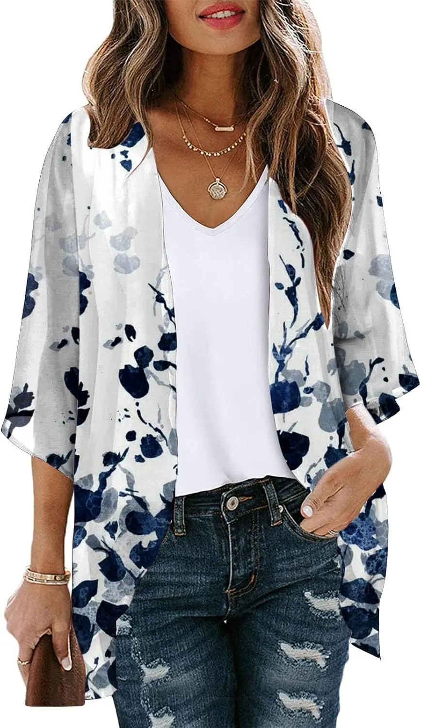 Womens Floral Print Puff Sleeve Kimono Cardigan Loose Coverups Resort Wear 2025 Trendy Beach Lightweight Cardigans