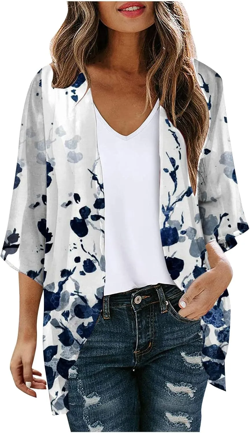 Womens Floral Print Puff Sleeve Kimono Cardigan Loose Coverups Resort Wear 2025 Trendy Beach Lightweight Cardigans