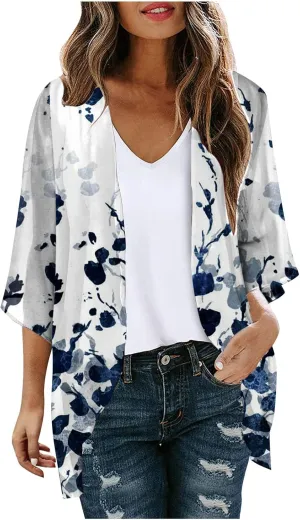 Womens Floral Print Puff Sleeve Kimono Cardigan Loose Coverups Resort Wear 2025 Trendy Beach Lightweight Cardigans