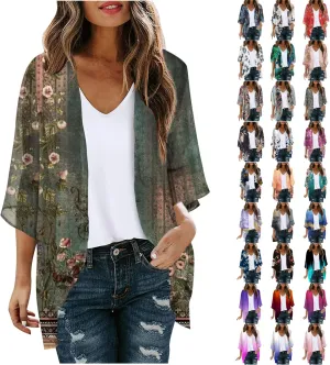 Womens Floral Print Puff Sleeve Kimono Cardigan Loose Coverups Resort Wear 2025 Trendy Beach Lightweight Cardigans