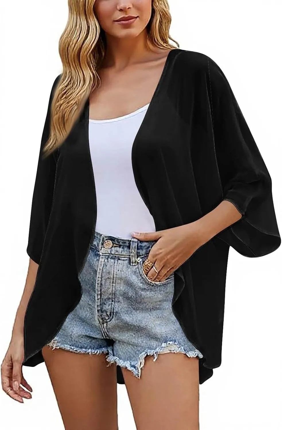 Women's Floral Print Puff Sleeve Kimono Cardigans Loose Chiffon Cardigan Beach Cover Up Open Front Blouse Tops