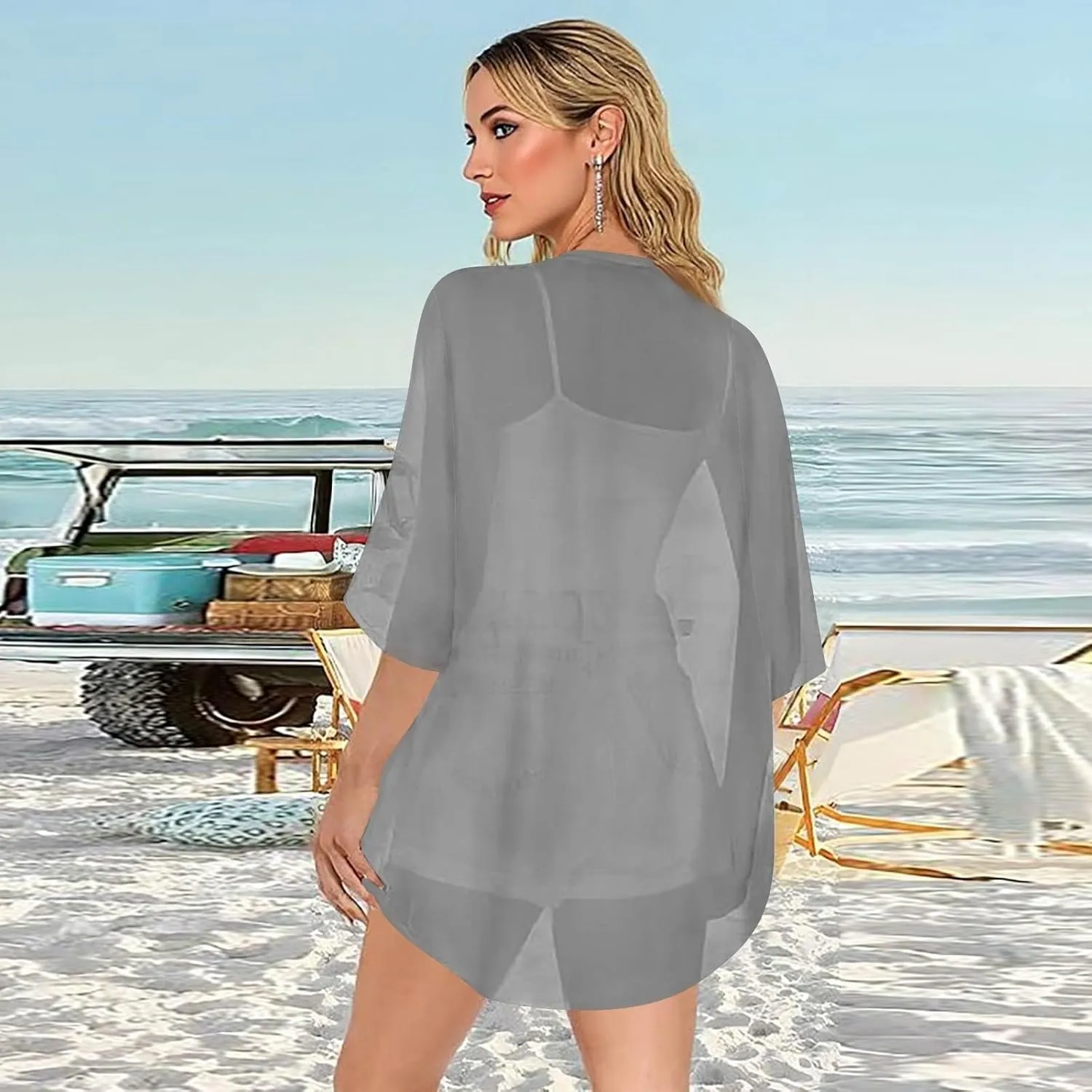 Women's Floral Print Puff Sleeve Kimono Cardigans Loose Chiffon Cardigan Beach Cover Up Open Front Blouse Tops
