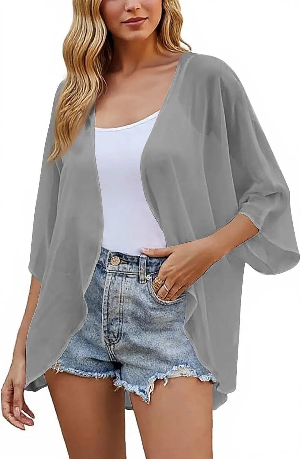 Women's Floral Print Puff Sleeve Kimono Cardigans Loose Chiffon Cardigan Beach Cover Up Open Front Blouse Tops