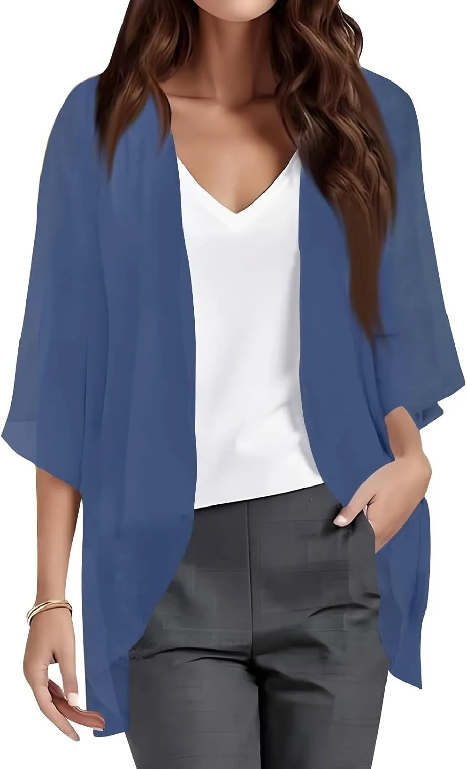 Women's Floral Print Puff Sleeve Kimono Cardigans Loose Chiffon Cardigan Beach Cover Up Open Front Blouse Tops