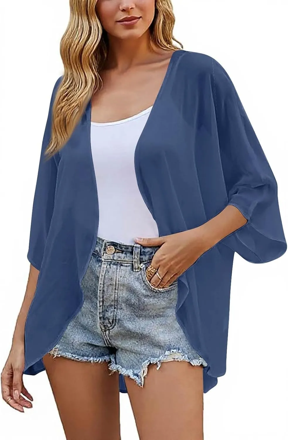 Women's Floral Print Puff Sleeve Kimono Cardigans Loose Chiffon Cardigan Beach Cover Up Open Front Blouse Tops