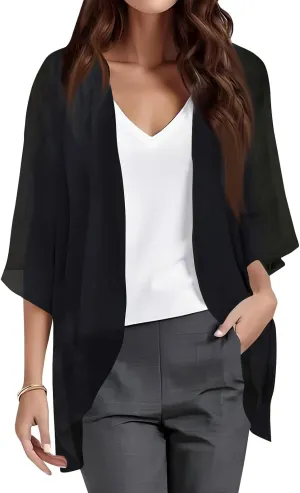 Women's Floral Print Puff Sleeve Kimono Cardigans Loose Chiffon Cardigan Beach Cover Up Open Front Blouse Tops