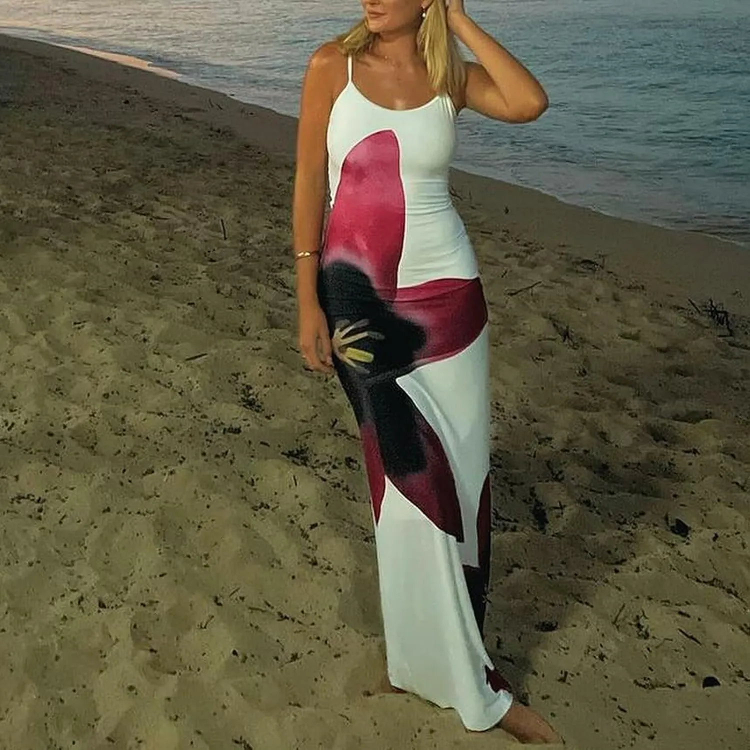 Womens Floral Spaghetti Strap Maxi Dress Flowers Sleeveless Bodycon Slip Dress Backless Slim Fit Long Dress