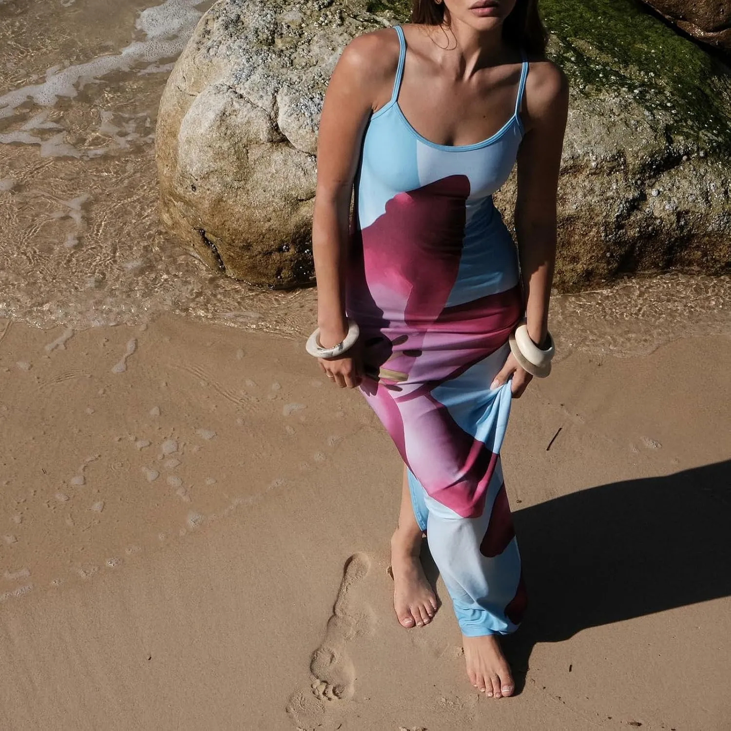 Womens Floral Spaghetti Strap Maxi Dress Flowers Sleeveless Bodycon Slip Dress Backless Slim Fit Long Dress
