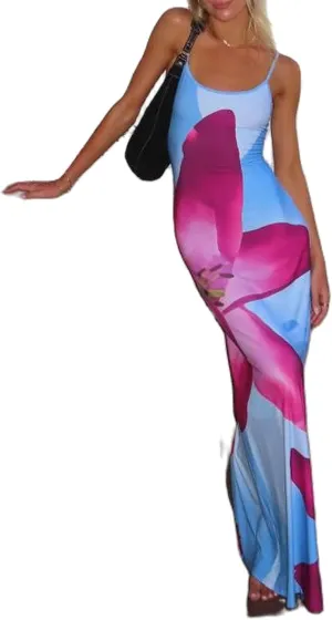 Womens Floral Spaghetti Strap Maxi Dress Flowers Sleeveless Bodycon Slip Dress Backless Slim Fit Long Dress