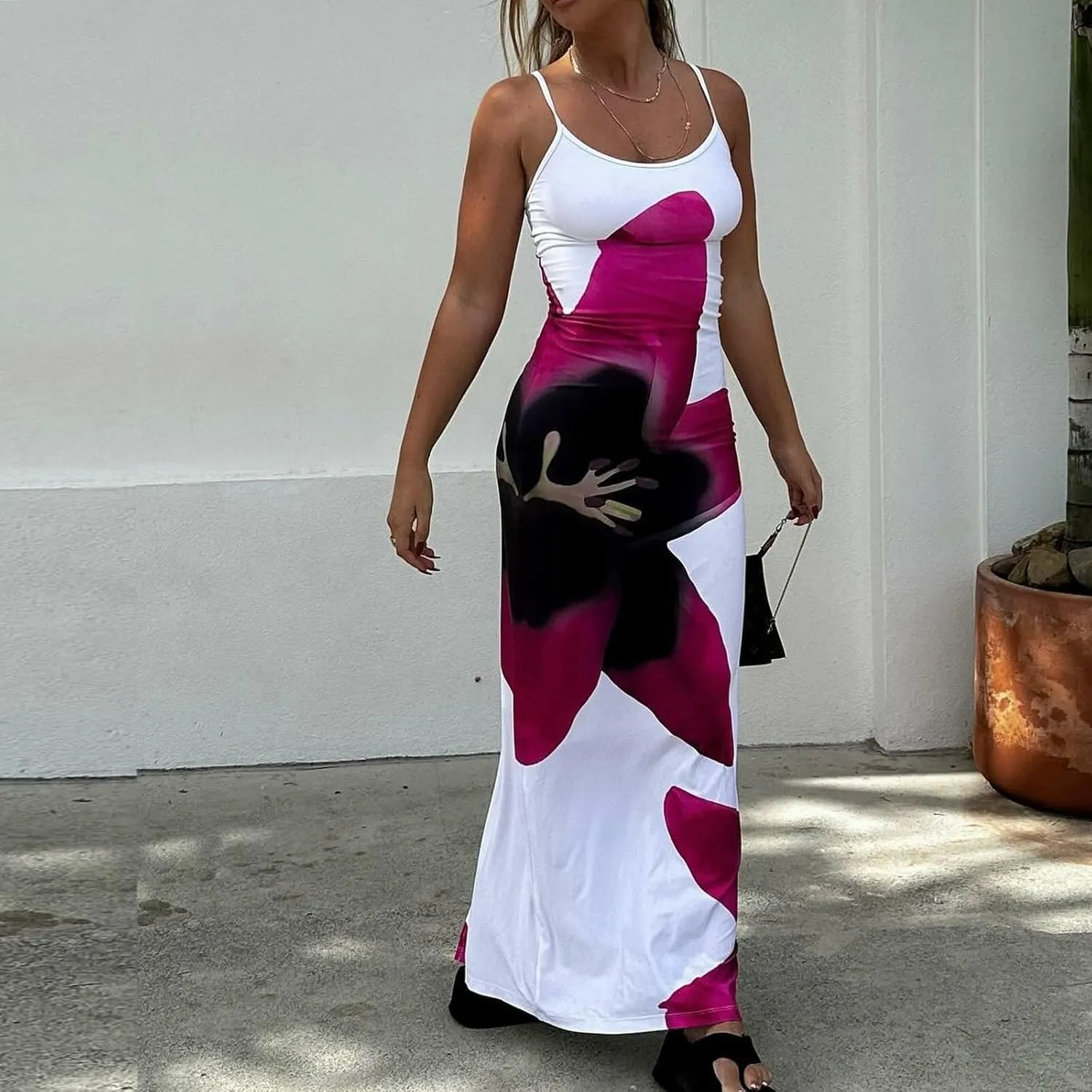 Womens Floral Spaghetti Strap Maxi Dress Flowers Sleeveless Bodycon Slip Dress Backless Slim Fit Long Dress