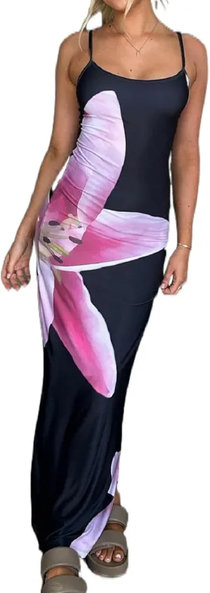 Womens Floral Spaghetti Strap Maxi Dress Flowers Sleeveless Bodycon Slip Dress Backless Slim Fit Long Dress