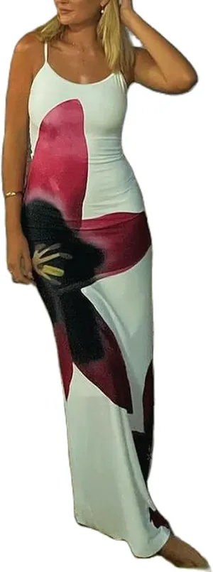 Womens Floral Spaghetti Strap Maxi Dress Flowers Sleeveless Bodycon Slip Dress Backless Slim Fit Long Dress