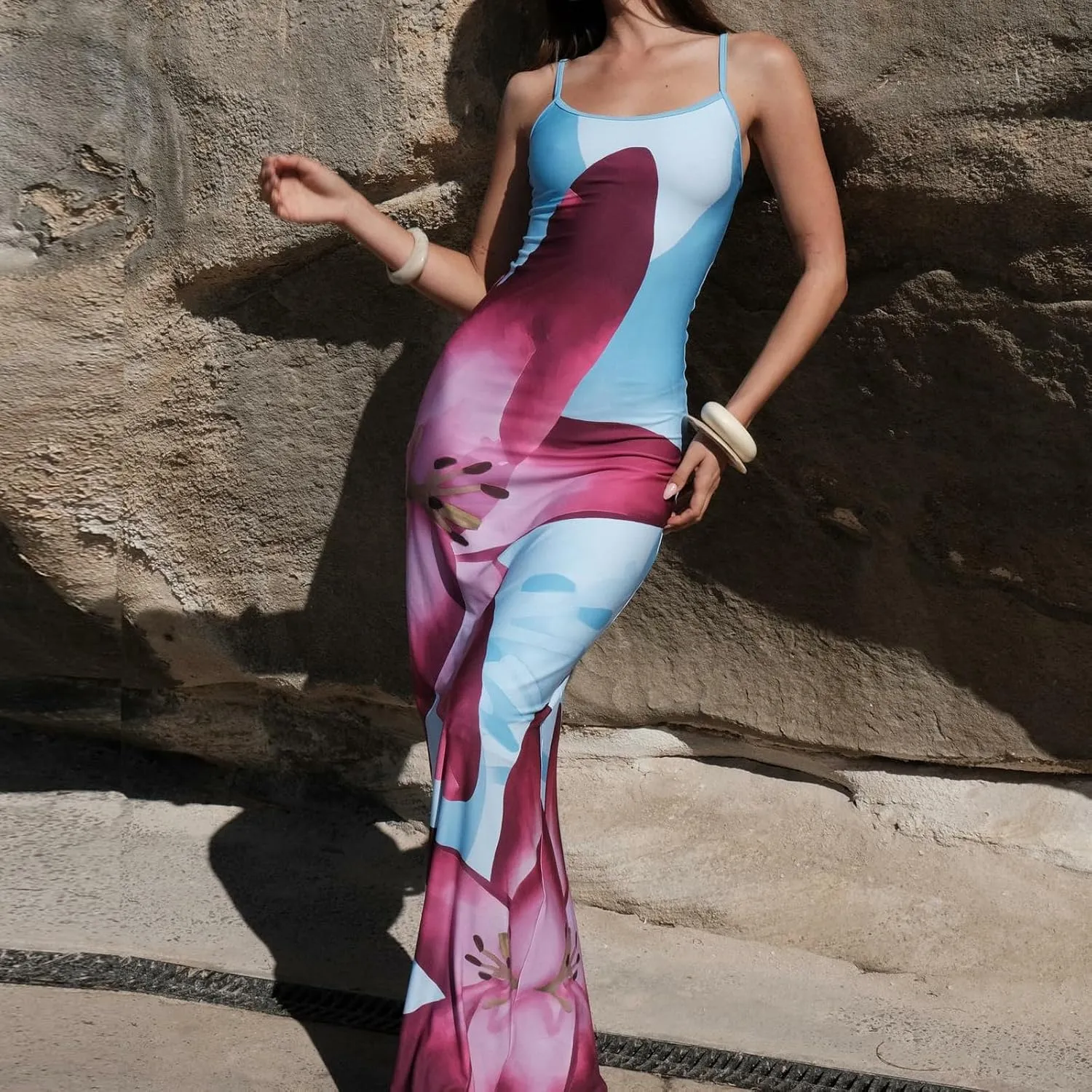 Womens Floral Spaghetti Strap Maxi Dress Flowers Sleeveless Bodycon Slip Dress Backless Slim Fit Long Dress