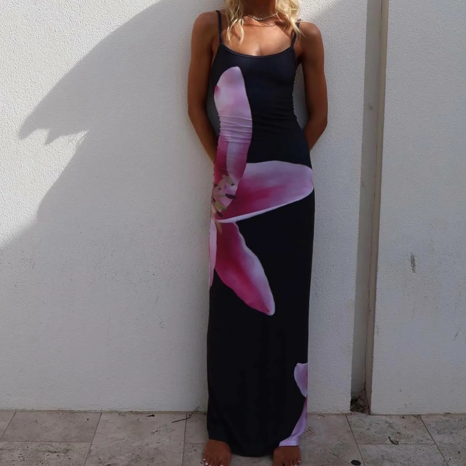 Womens Floral Spaghetti Strap Maxi Dress Flowers Sleeveless Bodycon Slip Dress Backless Slim Fit Long Dress