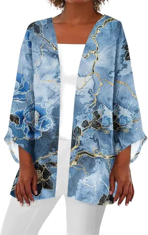 Womens Hawaiian Boho Lightweight Jackets Floral Print Puff Sleeve Kimono Cardigan Loose Cover Up Casual Blouse Top