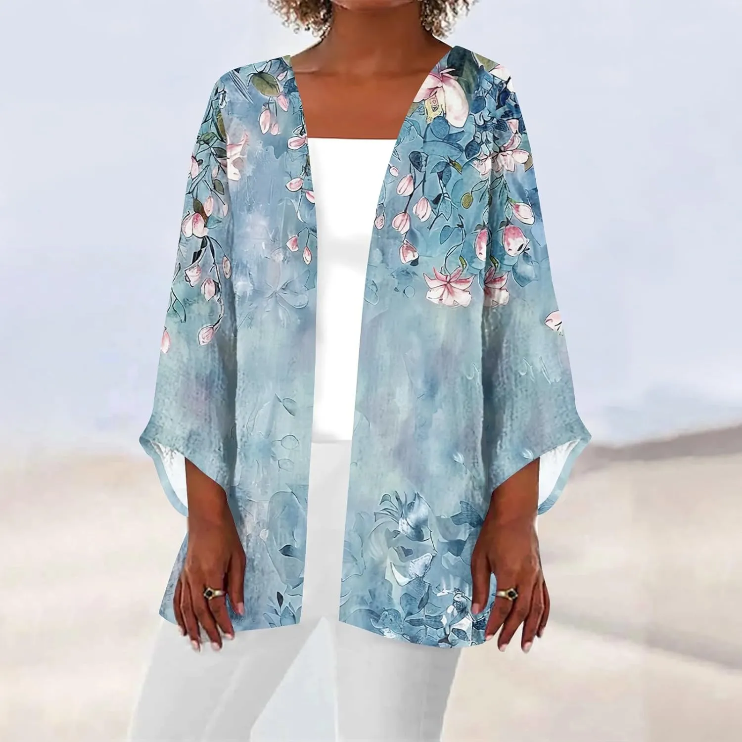 Womens Hawaiian Boho Lightweight Jackets Floral Print Puff Sleeve Kimono Cardigan Loose Cover Up Casual Blouse Top