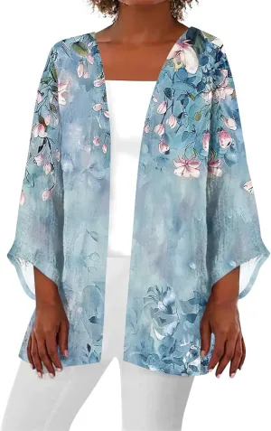 Womens Hawaiian Boho Lightweight Jackets Floral Print Puff Sleeve Kimono Cardigan Loose Cover Up Casual Blouse Top