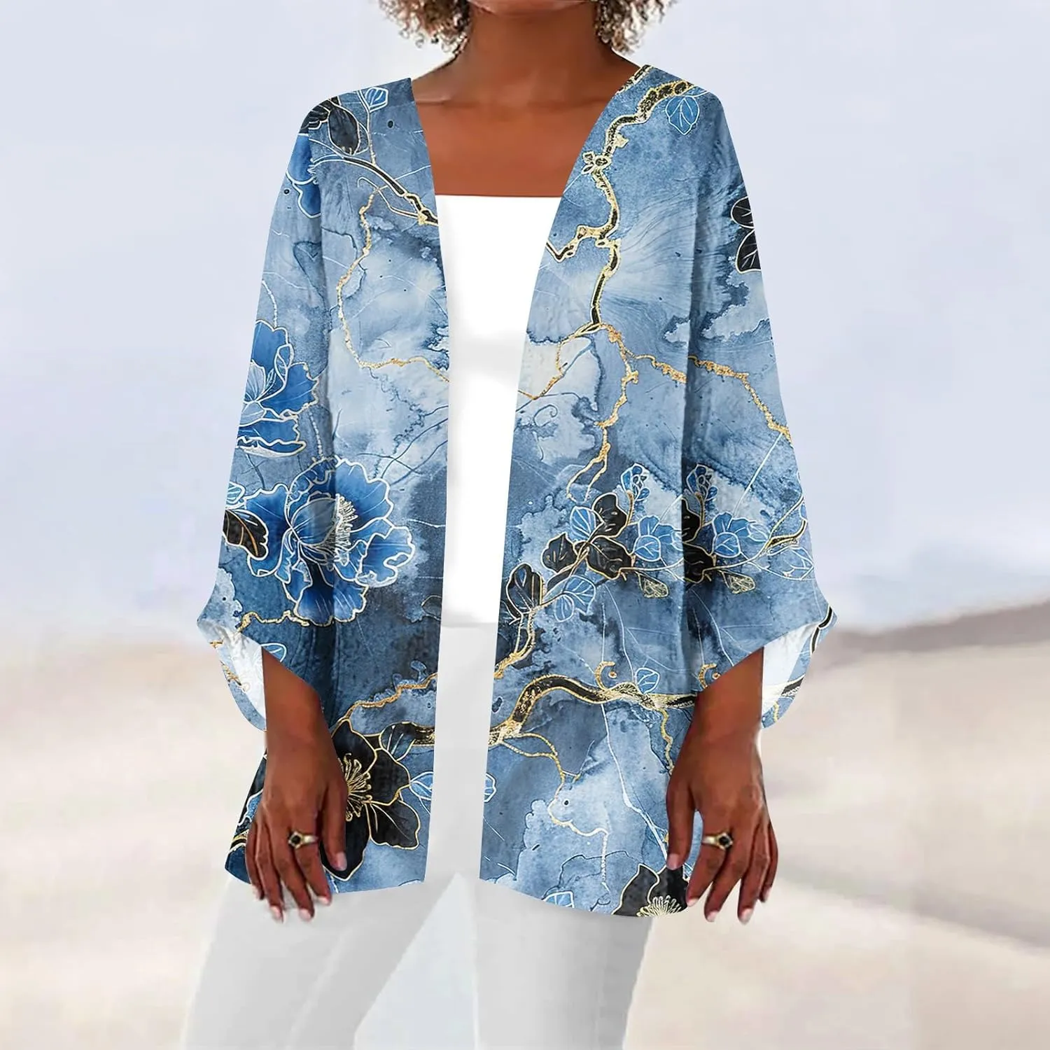 Womens Hawaiian Boho Lightweight Jackets Floral Print Puff Sleeve Kimono Cardigan Loose Cover Up Casual Blouse Top