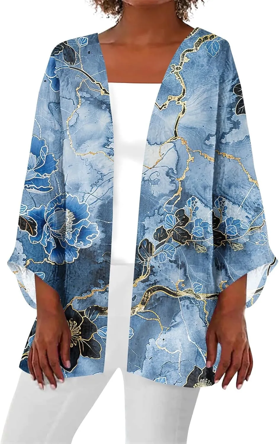 Womens Hawaiian Boho Lightweight Jackets Floral Print Puff Sleeve Kimono Cardigan Loose Cover Up Casual Blouse Top