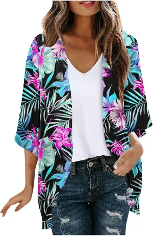 Womens Kimono Cardigans Chiffon Beach Cover Ups Swimwear 3/4 Puff Sleeve Boho Floral Print Hawaiian Shirt Summer Tops