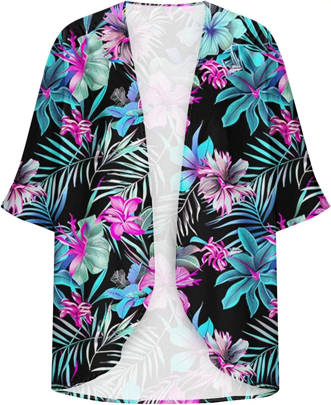 Womens Kimono Cardigans Chiffon Beach Cover Ups Swimwear 3/4 Puff Sleeve Boho Floral Print Hawaiian Shirt Summer Tops