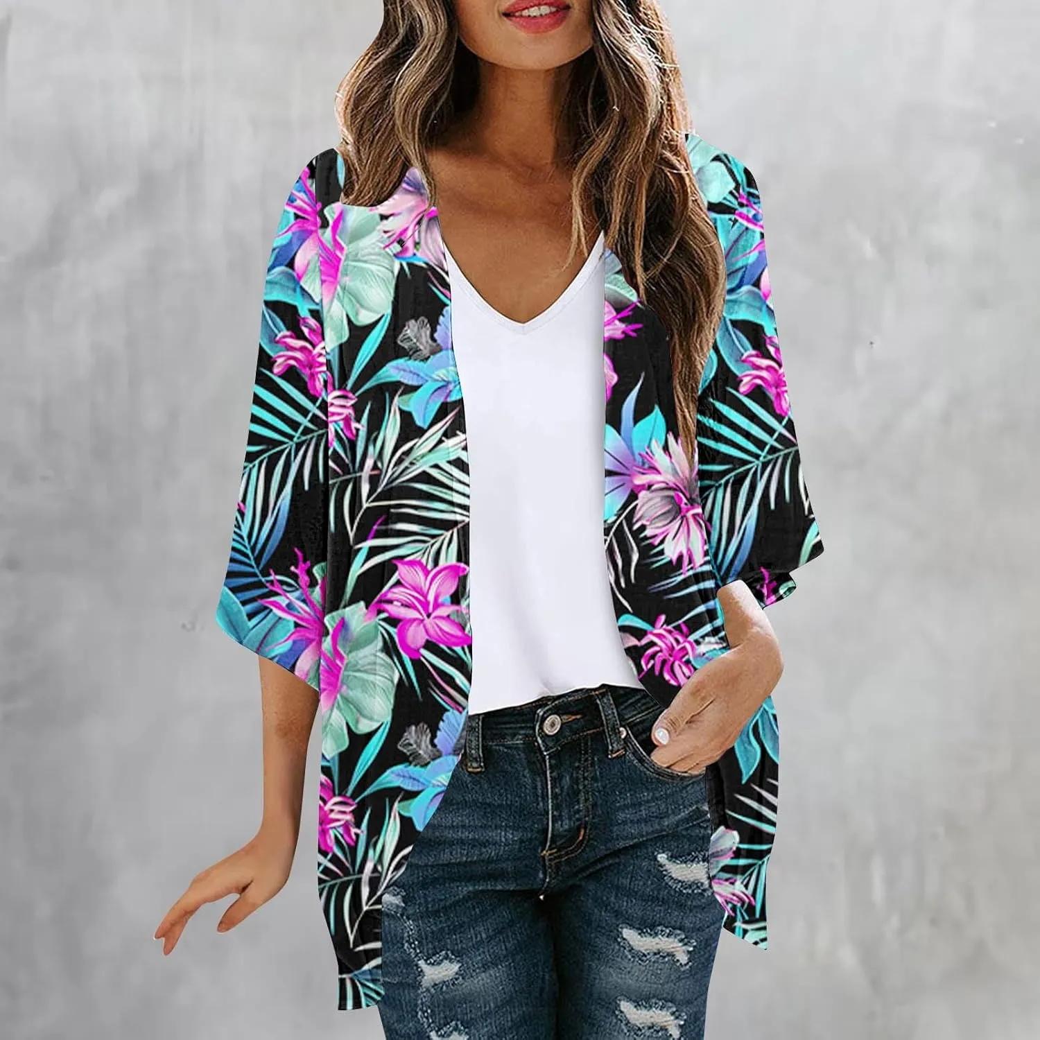 Womens Kimono Cardigans Chiffon Beach Cover Ups Swimwear 3/4 Puff Sleeve Boho Floral Print Hawaiian Shirt Summer Tops