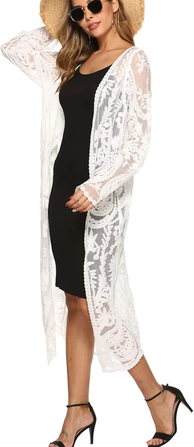 Women's Lace Cardigan Floral Crochet Sheer Beach Cover Ups Long Open Kimono