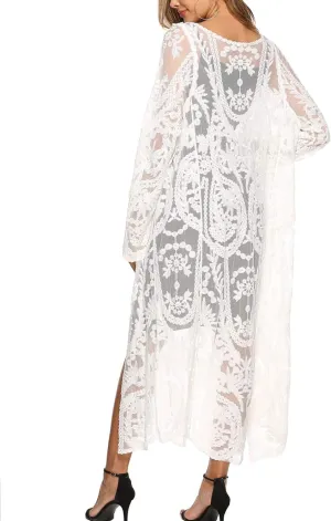 Women's Lace Cardigan Floral Crochet Sheer Beach Cover Ups Long Open Kimono