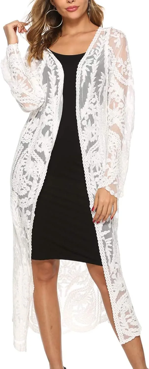 Women's Lace Cardigan Floral Crochet Sheer Beach Cover Ups Long Open Kimono