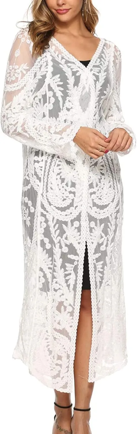 Women's Lace Cardigan Floral Crochet Sheer Beach Cover Ups Long Open Kimono