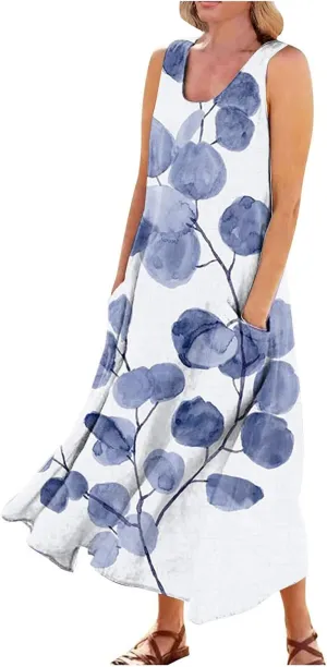 Womens Maxi Dresses Summer Casual Print Boho Cotton Linen Sundress with Pockets Loose Flowy Swing Vacation Long Dress