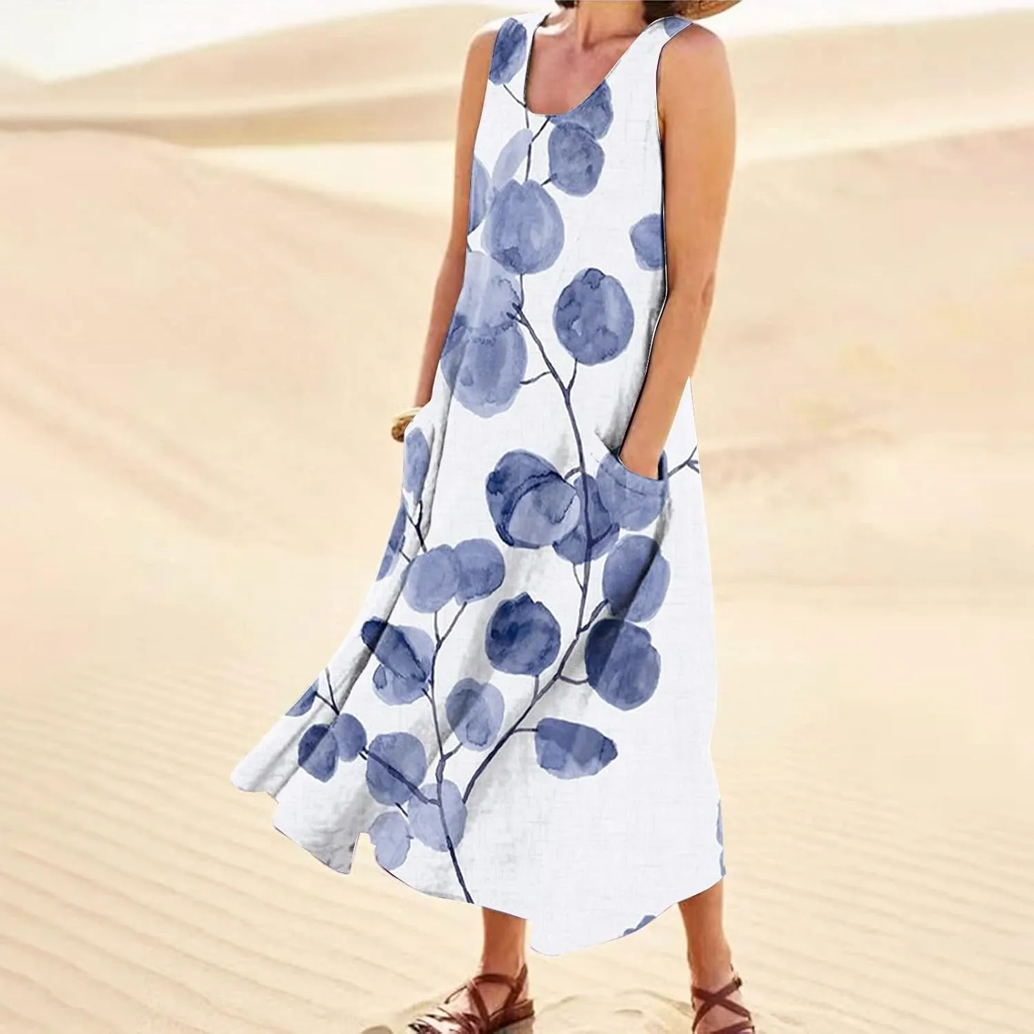Womens Maxi Dresses Summer Casual Print Boho Cotton Linen Sundress with Pockets Loose Flowy Swing Vacation Long Dress