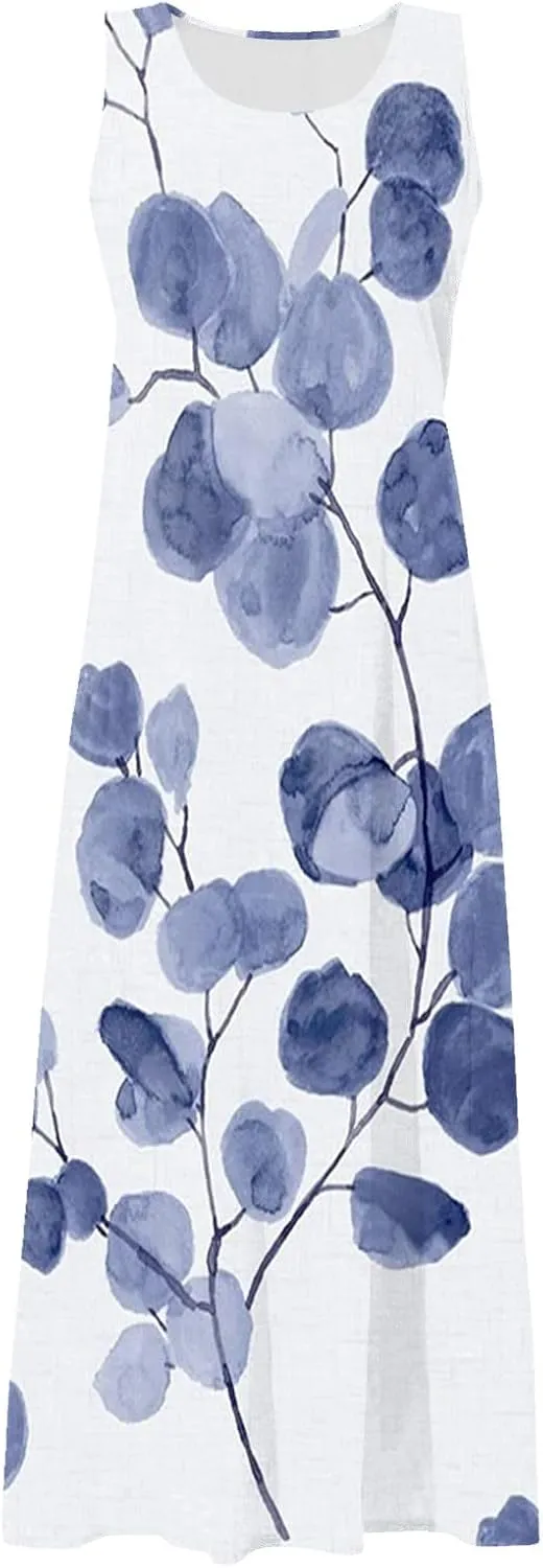 Womens Maxi Dresses Summer Casual Print Boho Cotton Linen Sundress with Pockets Loose Flowy Swing Vacation Long Dress