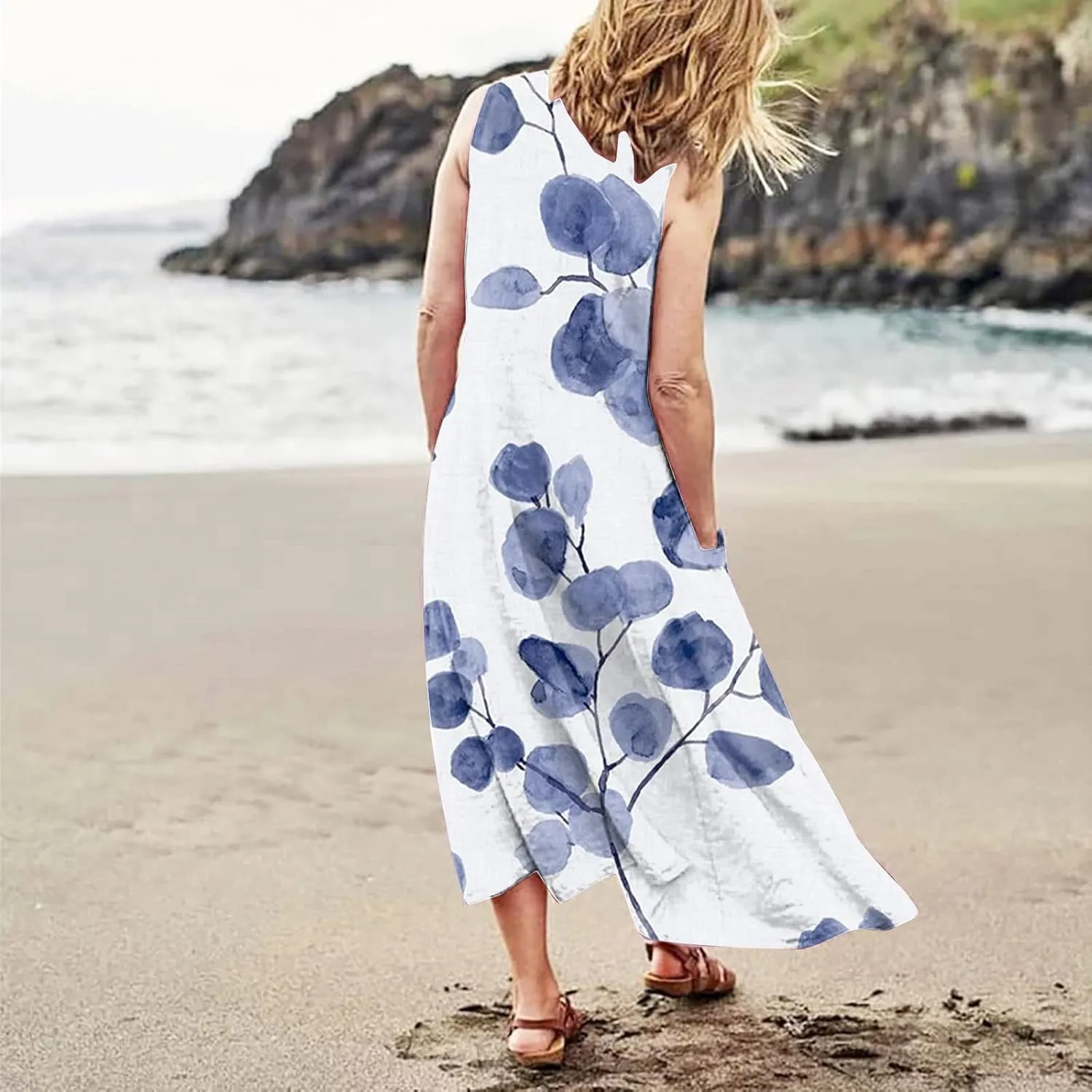 Womens Maxi Dresses Summer Casual Print Boho Cotton Linen Sundress with Pockets Loose Flowy Swing Vacation Long Dress