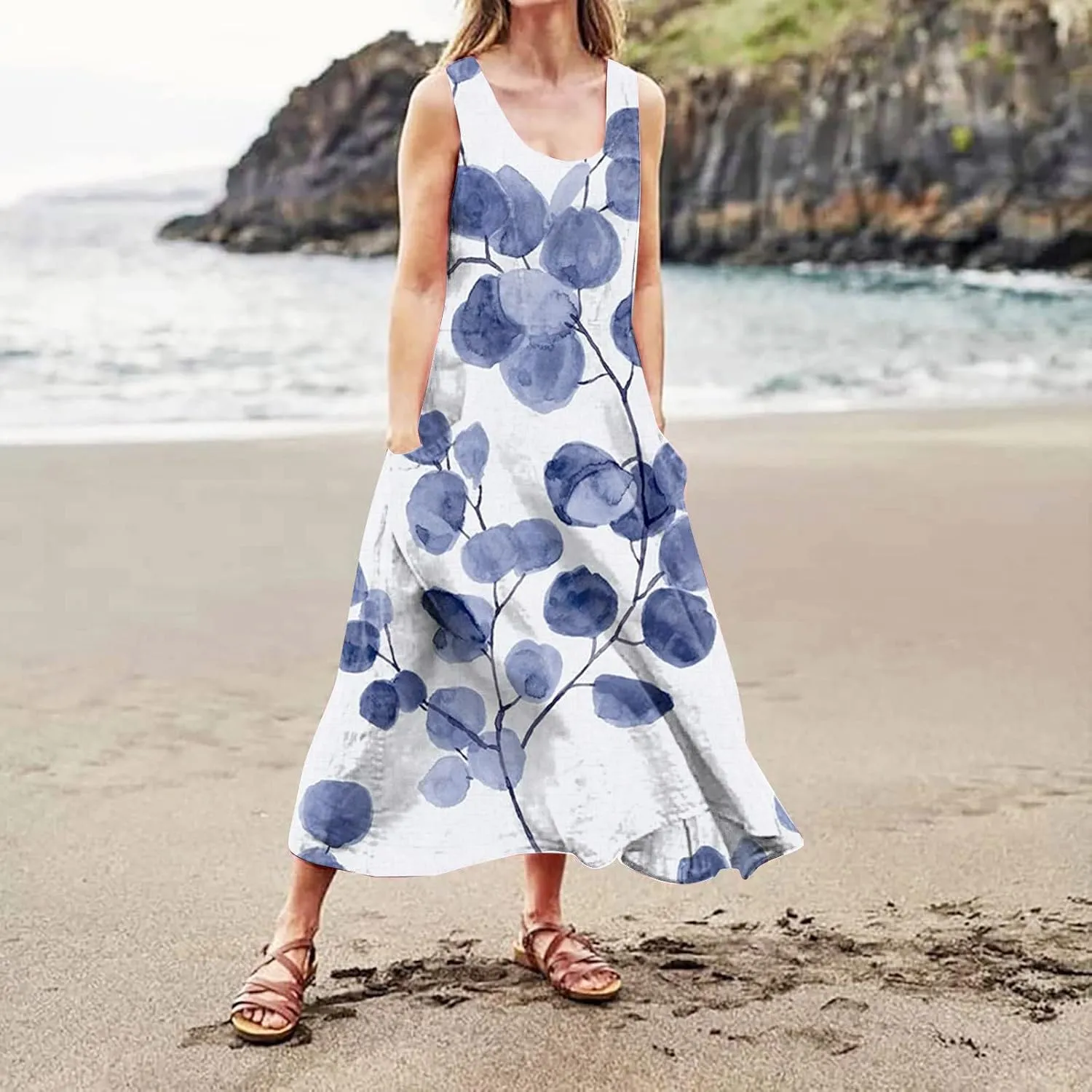 Womens Maxi Dresses Summer Casual Print Boho Cotton Linen Sundress with Pockets Loose Flowy Swing Vacation Long Dress