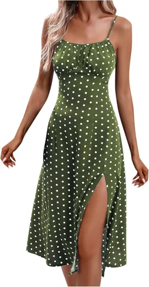 Womens Polka Dot Sundress Spaghetti Strap Summer Dresses Side Slit Midi Dress Casual Beach Vacation Clothes