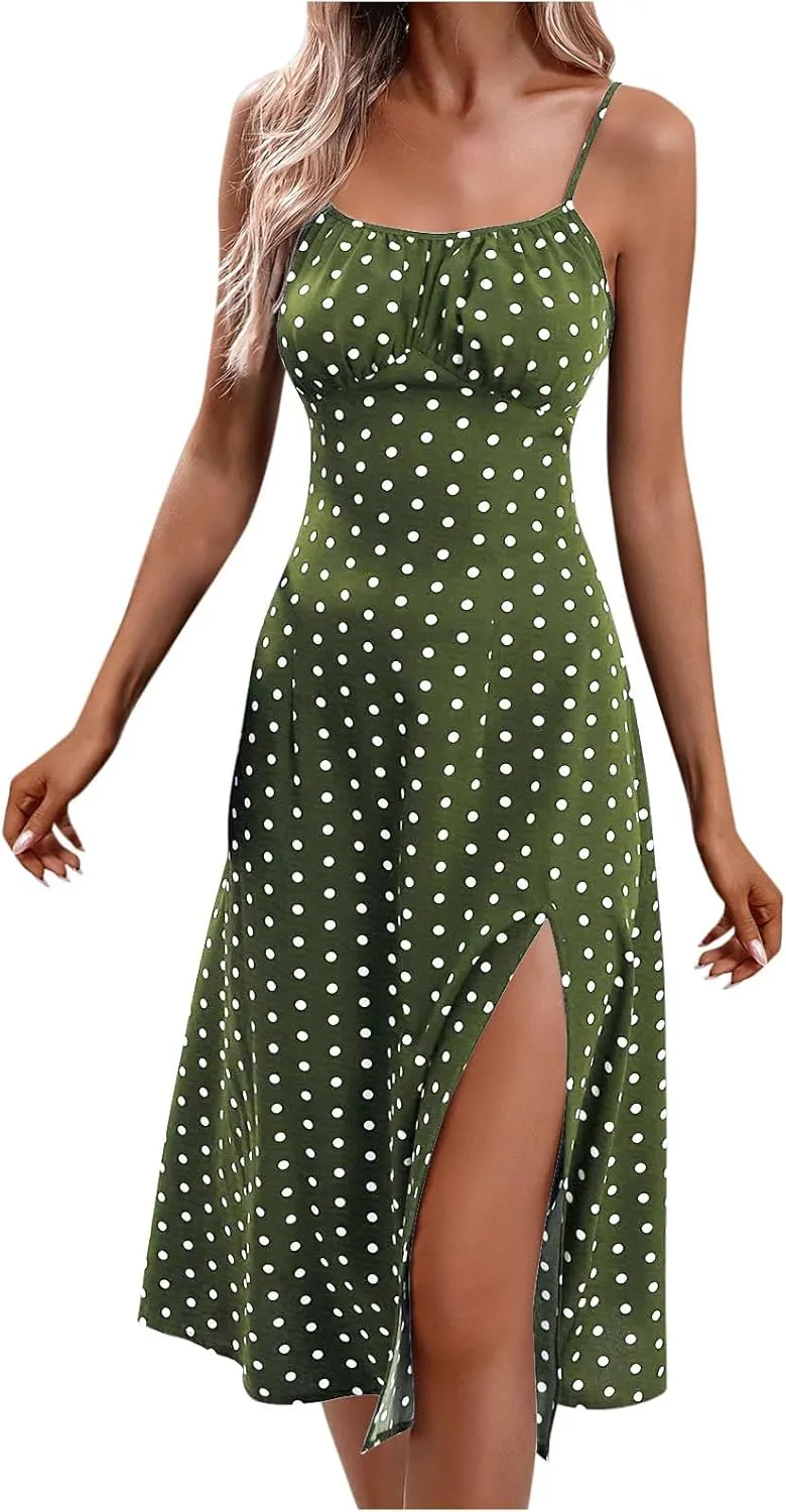 Womens Polka Dot Sundress Spaghetti Strap Summer Dresses Side Slit Midi Dress Casual Beach Vacation Clothes