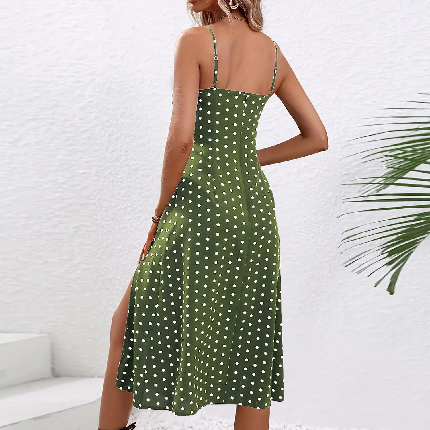 Womens Polka Dot Sundress Spaghetti Strap Summer Dresses Side Slit Midi Dress Casual Beach Vacation Clothes