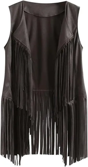 Womens Retro Western Fringe Vest Tops Classic Faux Suede Leather 70s Cowboy Shirt Sleeveless Tassels Cardigan Jackets