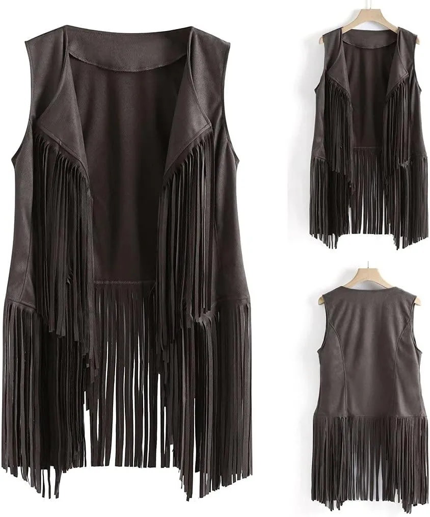 Womens Retro Western Fringe Vest Tops Classic Faux Suede Leather 70s Cowboy Shirt Sleeveless Tassels Cardigan Jackets